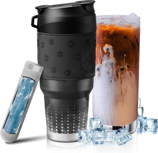 Tumbler with Instant Chiller, Iced Coffee Maker Tumbler Stainless Steel Vacuum Insulated, Detachable and Reusable, 30 Oz (Black, 1Tumbler+1Chiller) - COKAFEGO