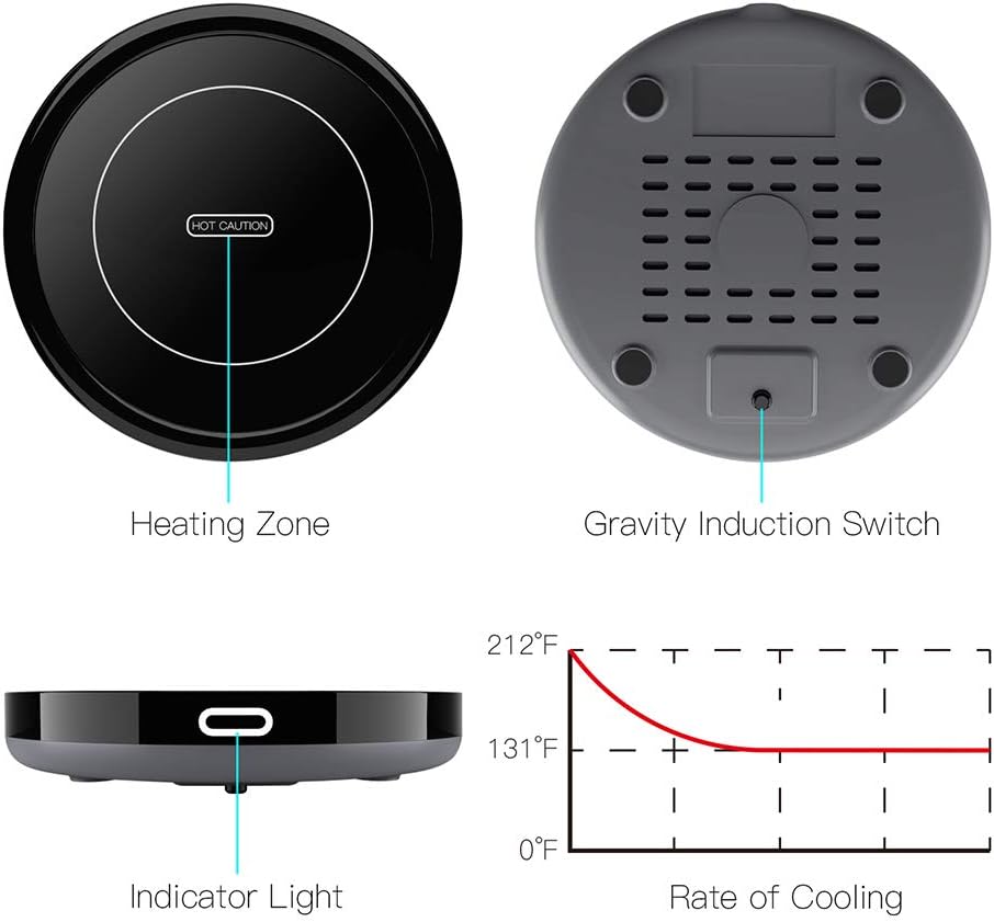 Smart Coffee Warmer, Auto On/Off Gravity - Induction Mug Warmer for Office Desk Use, Candle Wax Cup Warmer Heating Plate (Up to 131F/55C) (Black)t - COKAFEGO