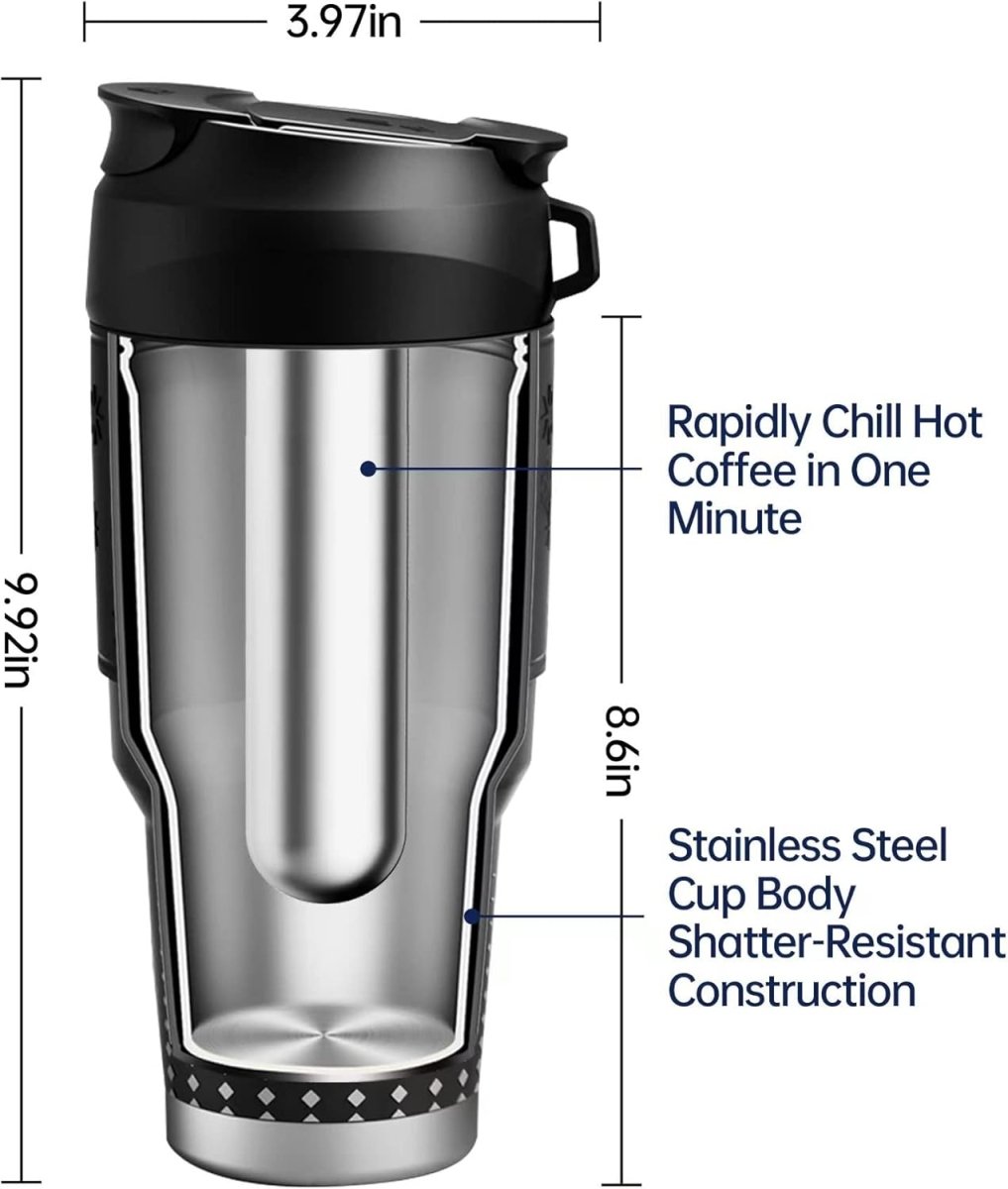 Tumbler with Instant Chiller, Iced Coffee Maker Tumbler Stainless Steel Vacuum Insulated, Detachable and Reusable, 30 Oz (Black, 1Tumbler+1Chiller) - COKAFEGO