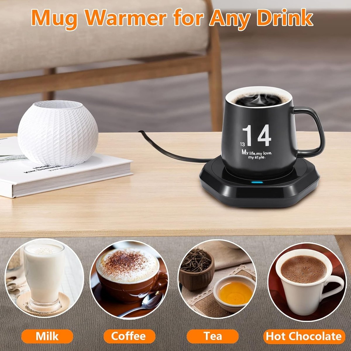 Coffee Mug Warmer: Smart Beverage Heating Plate Candle Wax Cup Warmer Electric Thermostat Coaster for Hot Coffee Milk Tea Water Cocoa Desk Home Office Use (R1 Black) - COKAFEGO