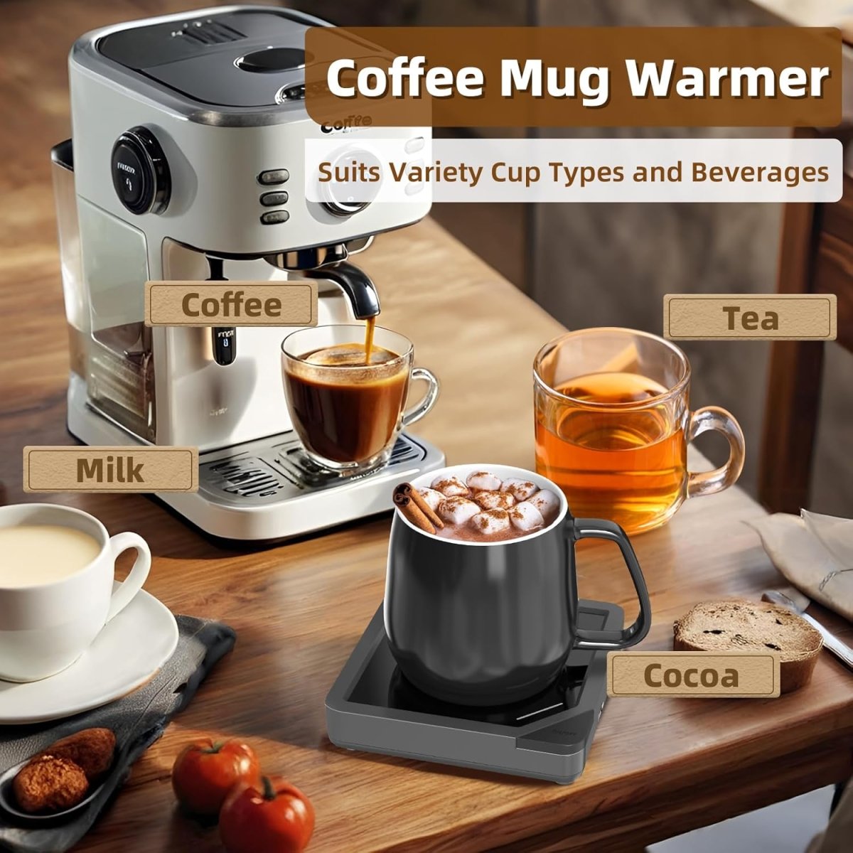 Coffee Mug Warmer with 2 USB Charging Ports: Auto Shut - Off Candle Wax Warmer - Heated Beverage Coffee Accessories for Home Office Desk - U1 Black - COKAFEGO