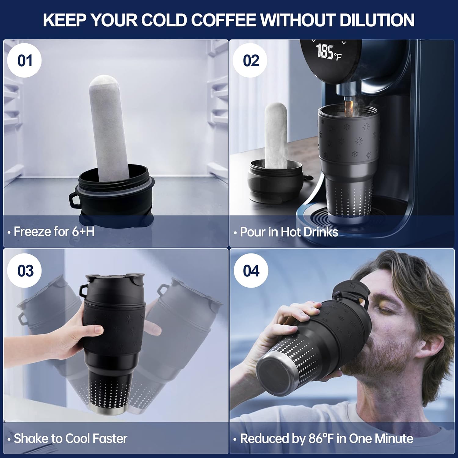 Tumbler with Instant Chiller, Iced Coffee Maker Tumbler Stainless Steel Vacuum Insulated, Detachable and Reusable, 30 Oz (Black, 1Tumbler+1Chiller) - COKAFEGO