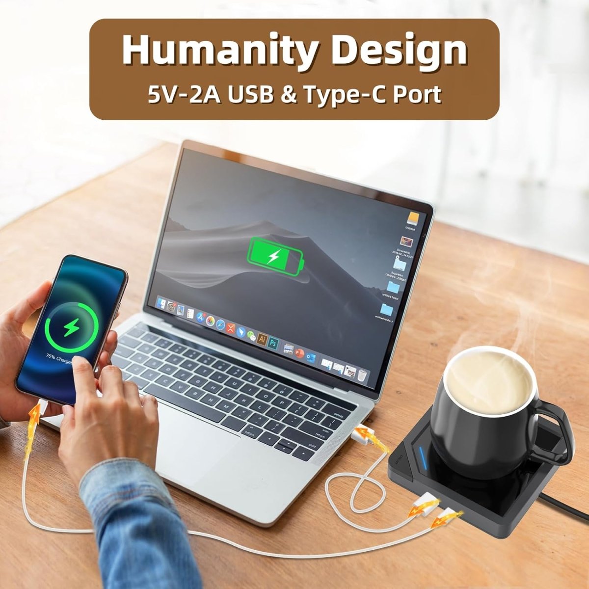 Coffee Mug Warmer with 2 USB Charging Ports: Auto Shut - Off Candle Wax Warmer - Heated Beverage Coffee Accessories for Home Office Desk - U1 Black - COKAFEGO
