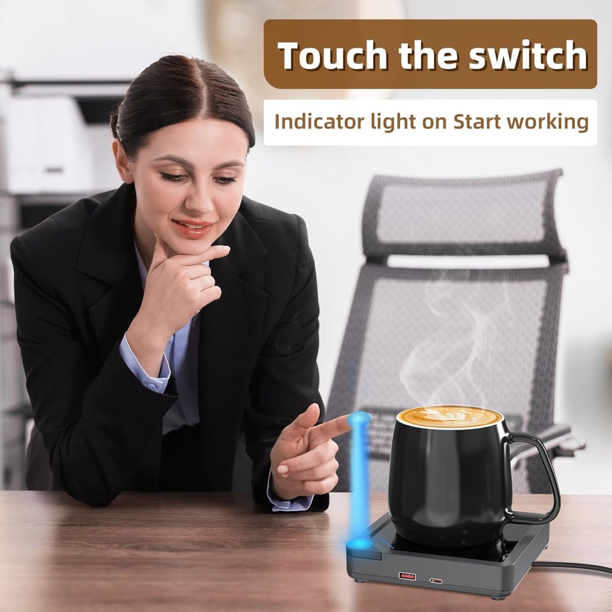 Coffee Mug Warmer with 2 USB Charging Ports: Auto Shut - Off Candle Wax Warmer - Heated Beverage Coffee Accessories for Home Office Desk - U1 Black - COKAFEGO