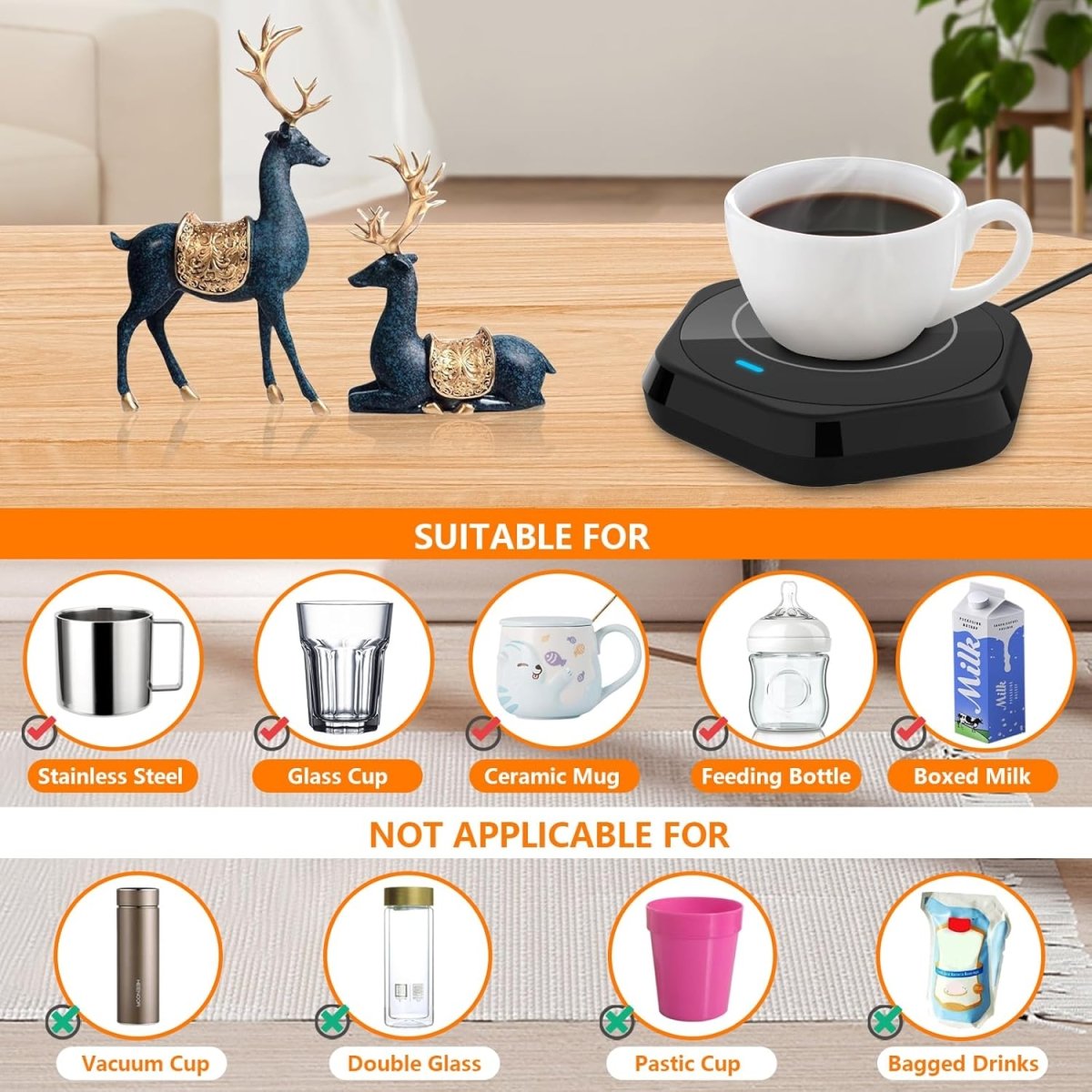 Coffee Mug Warmer: Smart Beverage Heating Plate Candle Wax Cup Warmer Electric Thermostat Coaster for Hot Coffee Milk Tea Water Cocoa Desk Home Office Use (R1 Black) - COKAFEGO