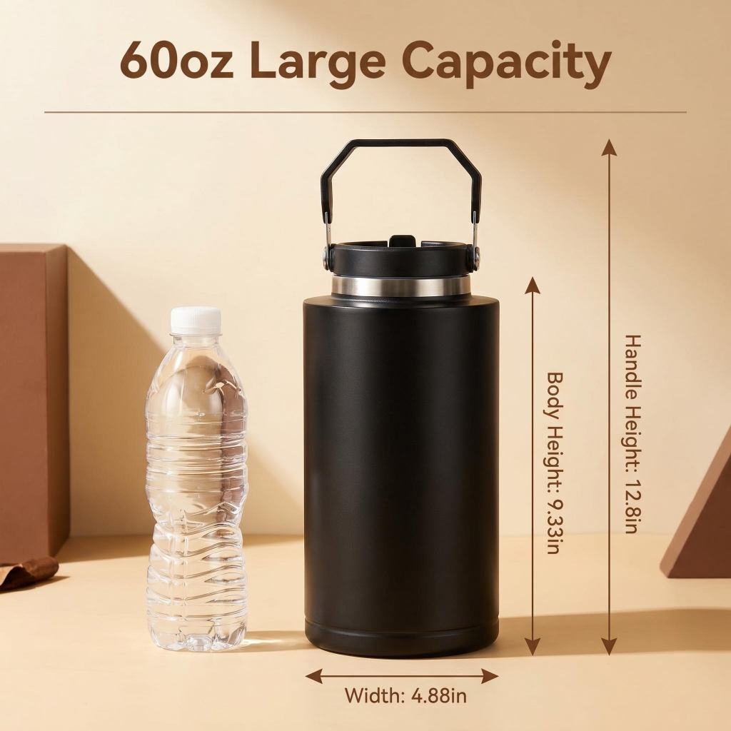 COKAFEGO 60oz/1800ml Insulated Water Bottle with Straw Lid, Compatible with CF01 Coffee Machine, Double Wall Vacuum Thermos Keep Cold 12H Hot 8H, SUS 304 Stainless Steel for Camping Travel