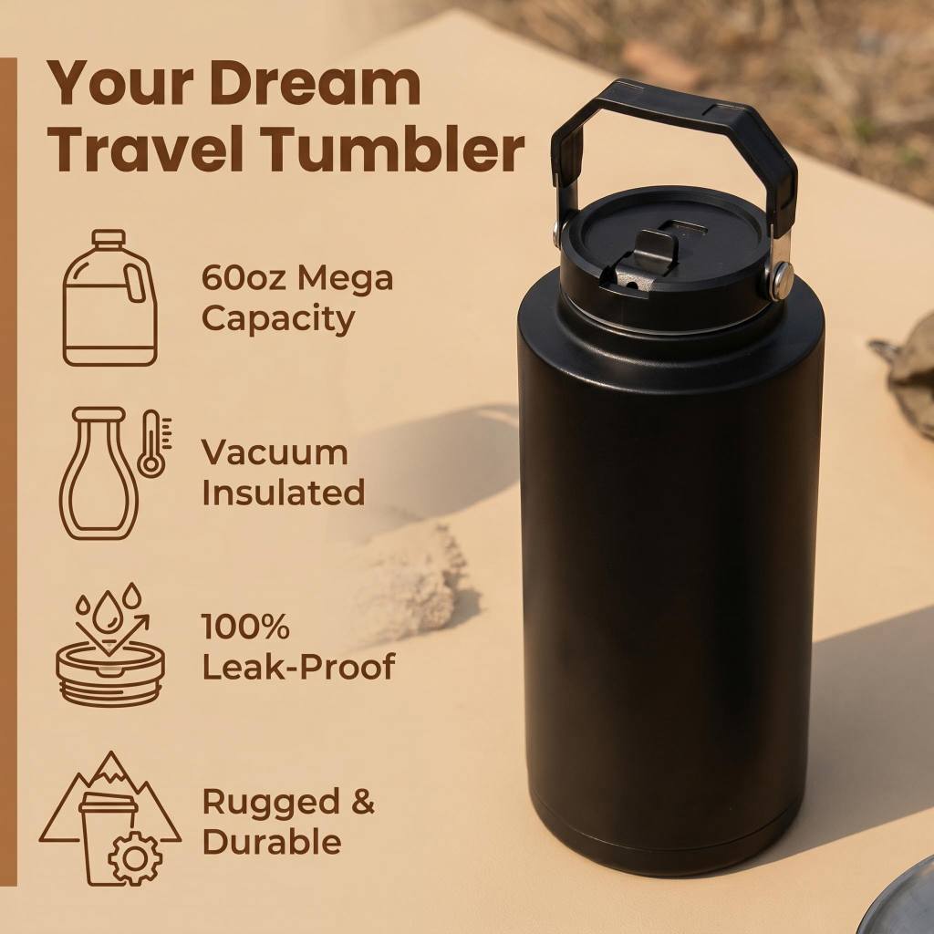 COKAFEGO 60oz/1800ml Insulated Water Bottle with Straw Lid, Compatible with CF01 Coffee Machine, Double Wall Vacuum Thermos Keep Cold 12H Hot 8H, SUS 304 Stainless Steel for Camping Travel