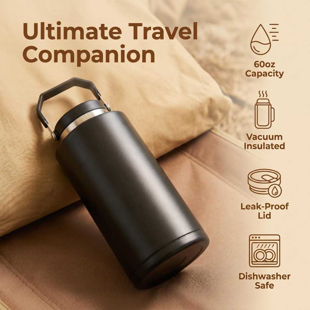 COKAFEGO 60oz/1800ml Insulated Water Bottle with Straw Lid, Compatible with CF01 Coffee Machine, Double Wall Vacuum Thermos Keep Cold 12H Hot 8H, SUS 304 Stainless Steel for Camping Travel