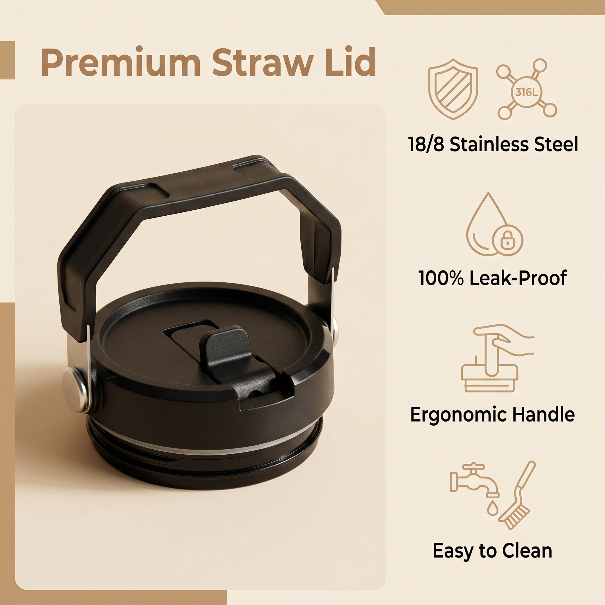 COKAFEGO Straw Lid Compatible with CF01 Water Jug, SUS 304 Stainless Steel Spill Proof Replacement Lid with Handle BPA Free for Outdoor Camping Gym Commute Travel