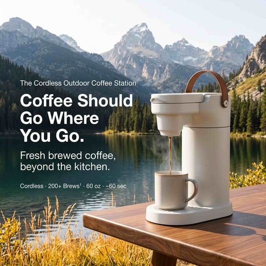 The new product is not yet available for sale.-COKAFEGO® THE WORLD'S FIRST  WIRELESS AMERICANO COFFEE STATION. GIFT. | 60oz Thermal Reservoir | K-Cup® & Ground Coffee Compatible | For Camping, RV & Outdoor